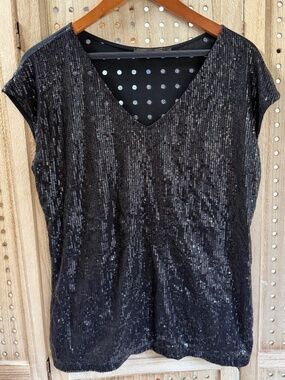 The Limited Black Sequin Top V Neck Blouse Sparkle Party Holiday Size L